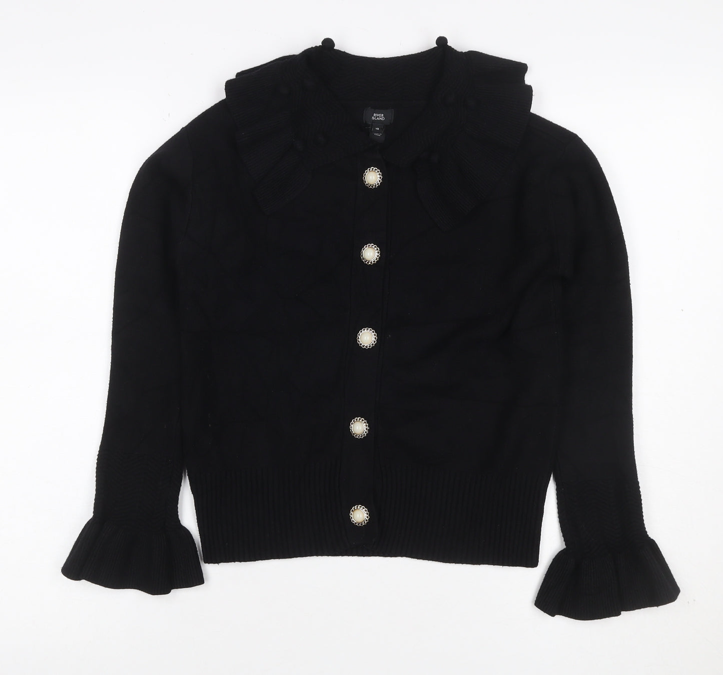 River Island Women Black Size 10 Collared Button Bell Sleeve Cardigan