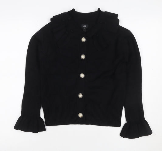 River Island Women Black Size 10 Collared Button Bell Sleeve Cardigan