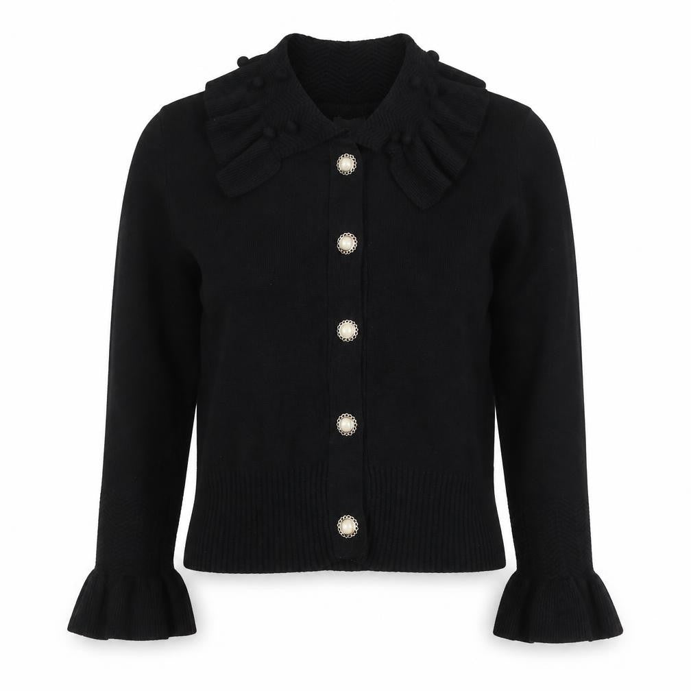 Front view of River Island Women Black, size 10, Collared Button Bell Sleeve Cardigan