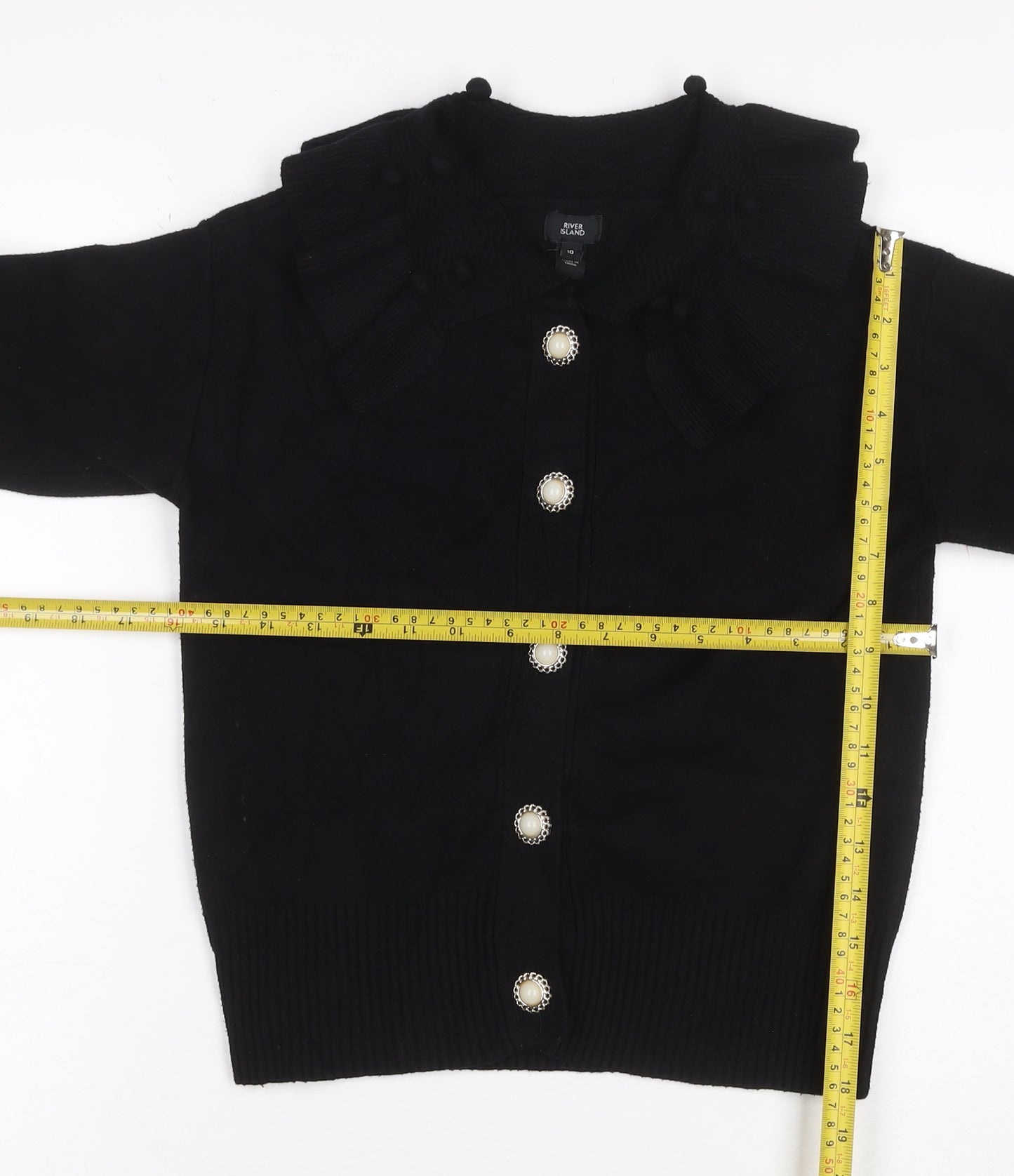 River Island Women Black Size 10 Collared Button Bell Sleeve Cardigan