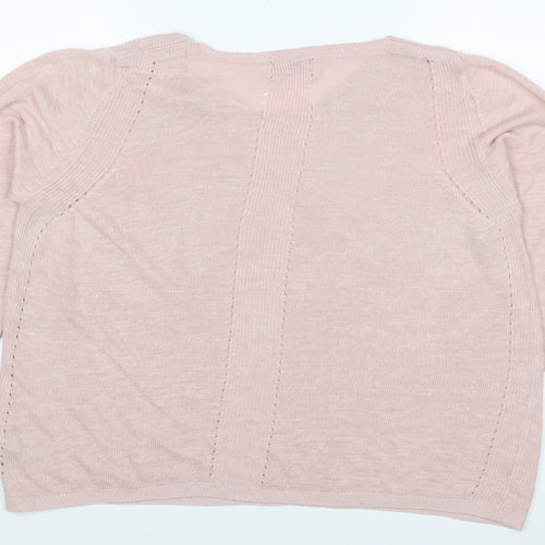 M&S Women Pink UK 20 Linen Cotton 3/4 Sleeve Raglan Knit Jumper