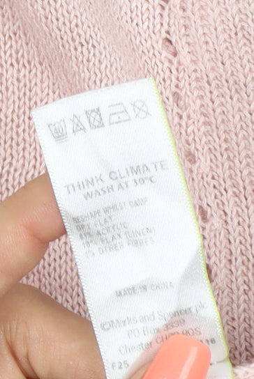 M&S Women Pink UK 20 Linen Cotton 3/4 Sleeve Raglan Knit Jumper