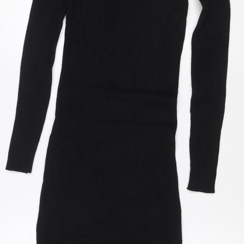 QED London Women Black L Ribbed Knit V-Neck Midi Jumper Dress