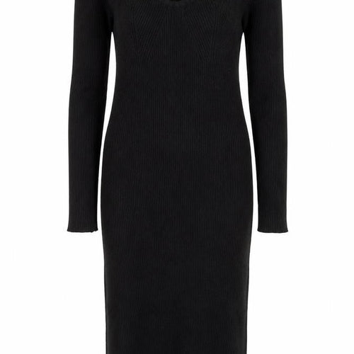 QED London Women Black L Ribbed Knit V-Neck Midi Jumper Dress