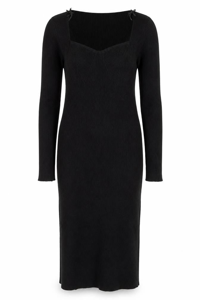 QED London Women Black L Ribbed Knit V-Neck Midi Jumper Dress