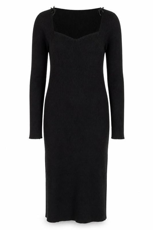 Front view of QED London Women Black L Ribbed Knit V-Neck Midi Jumper Dress