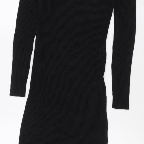 QED London Women Black L Ribbed Knit V-Neck Midi Jumper Dress
