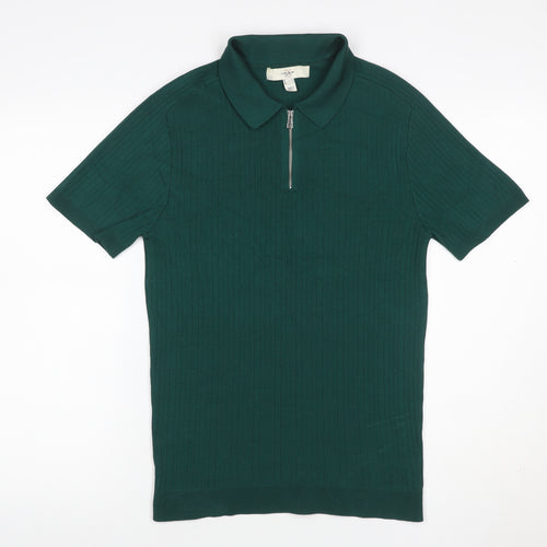 River Island Men’s Green M Ribbed Knit 1/4 Zip Polo Shirt