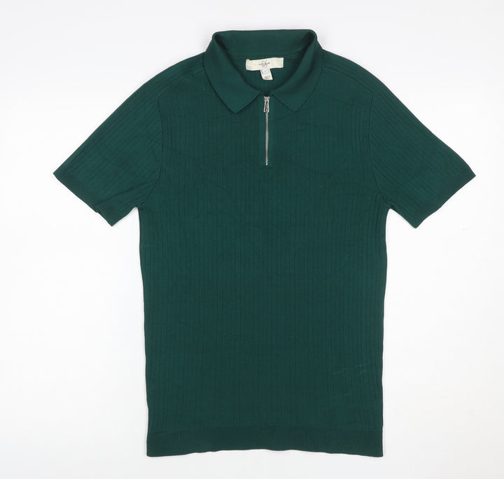River Island Men’s Green M Ribbed Knit 1/4 Zip Polo Shirt