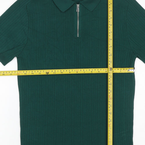 River Island Men’s Green M Ribbed Knit 1/4 Zip Polo Shirt