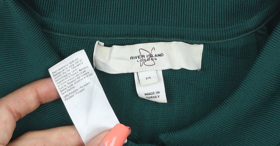 River Island Men’s Green M Ribbed Knit 1/4 Zip Polo Shirt