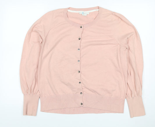 Boden Women Pink L Cotton Cashmere Button Cardigan Puff Sleeve Knit
