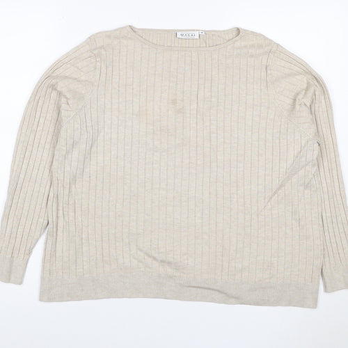 Masai Women Beige M Ribbed Viscose Knit Long Sleeve Basic Top
