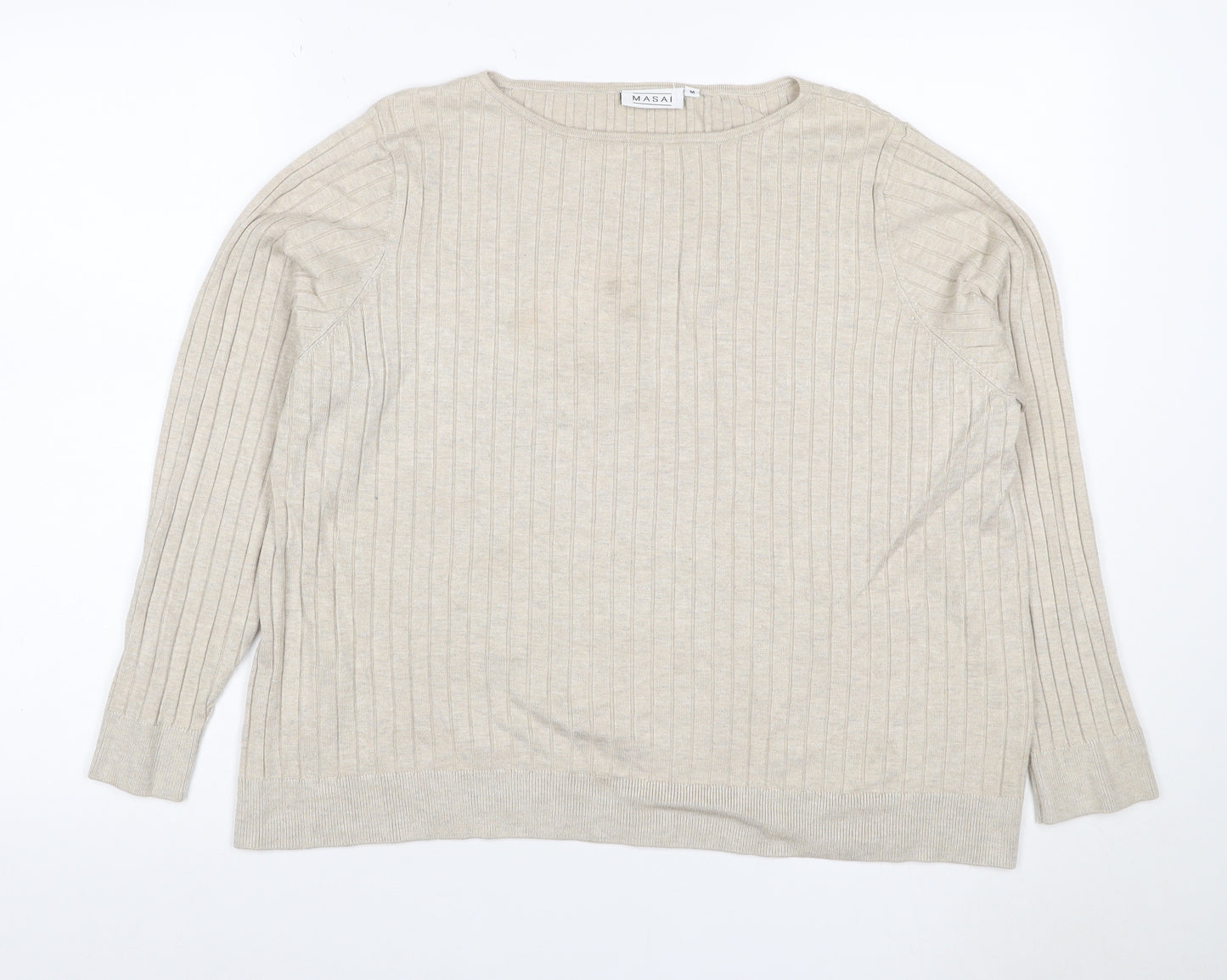 Masai Women Beige M Ribbed Viscose Knit Long Sleeve Basic Top
