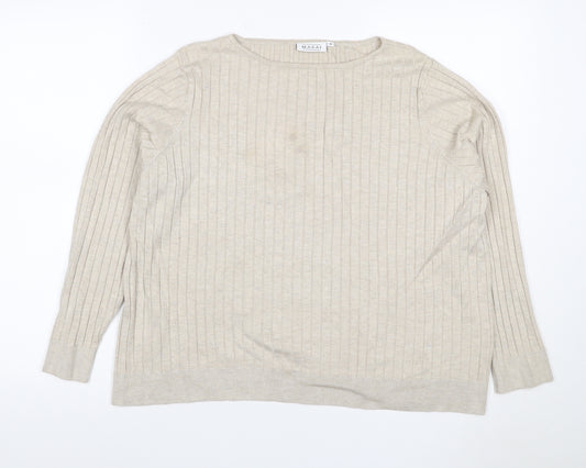 Masai Women Beige M Ribbed Viscose Knit Long Sleeve Basic Top