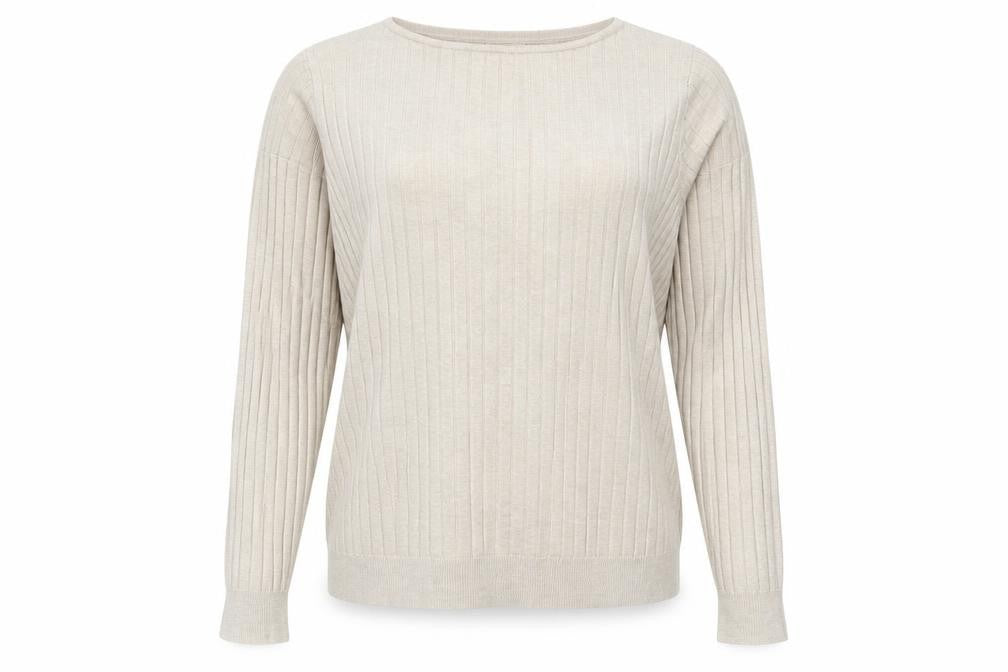 Front view of Masai Women Beige M Ribbed Viscose Knit Long Sleeve Basic Top