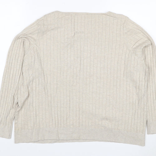 Masai Women Beige M Ribbed Viscose Knit Long Sleeve Basic Top