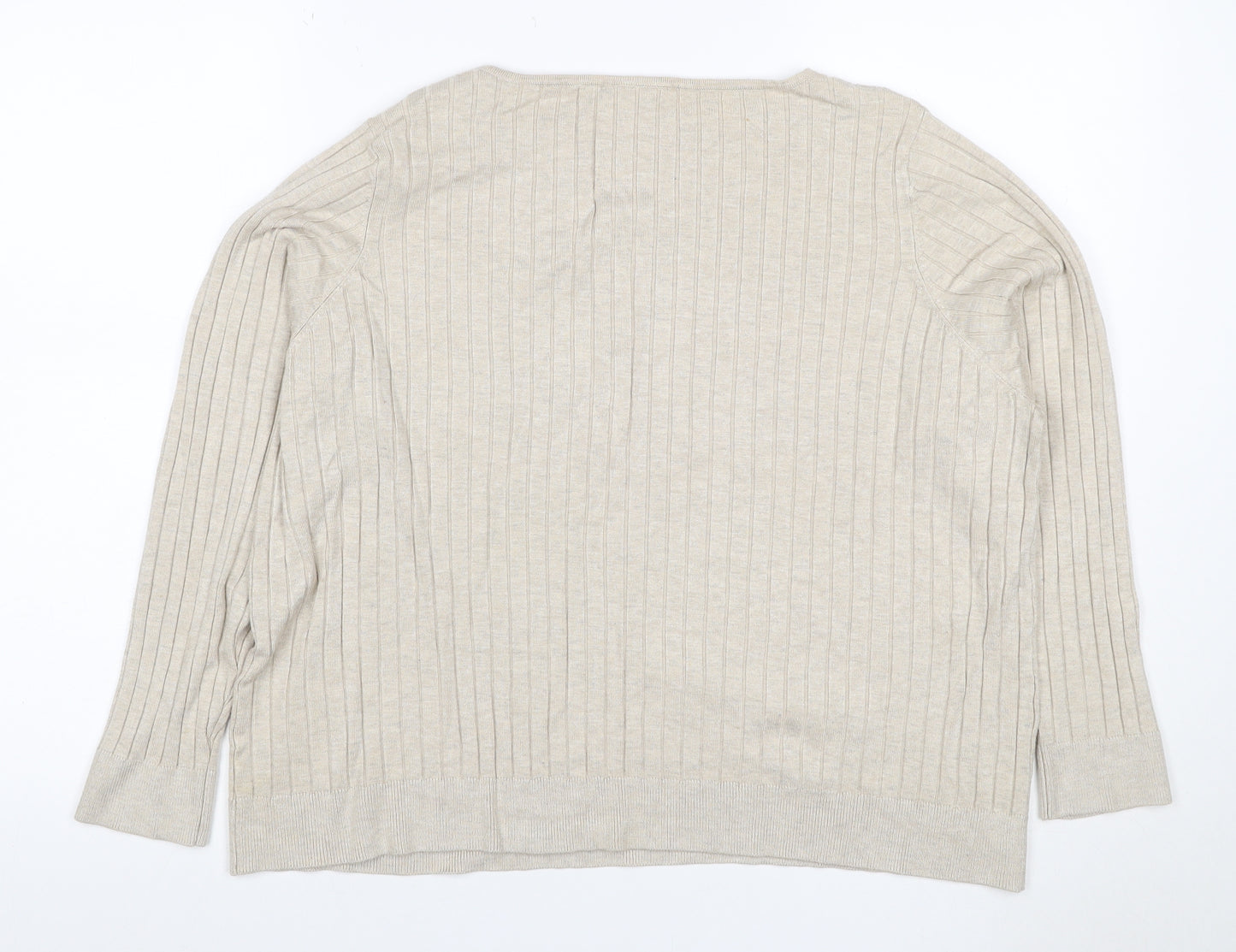 Masai Women Beige M Ribbed Viscose Knit Long Sleeve Basic Top