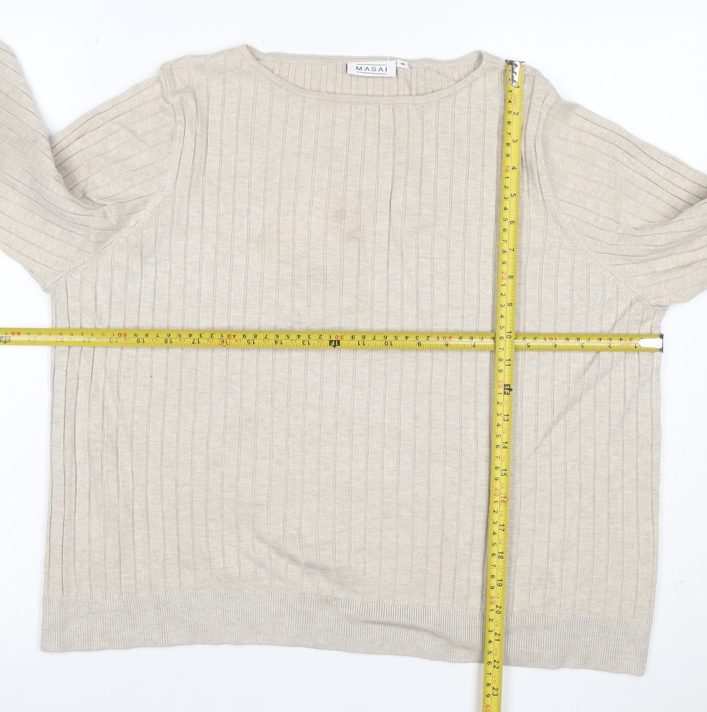 Masai Women Beige M Ribbed Viscose Knit Long Sleeve Basic Top