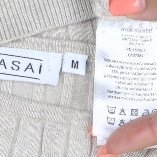 Masai Women Beige M Ribbed Viscose Knit Long Sleeve Basic Top