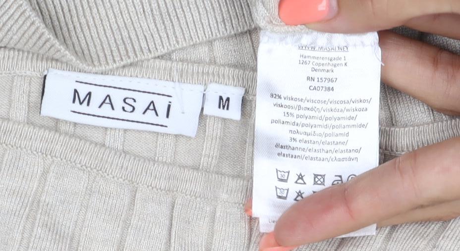 Masai Women Beige M Ribbed Viscose Knit Long Sleeve Basic Top
