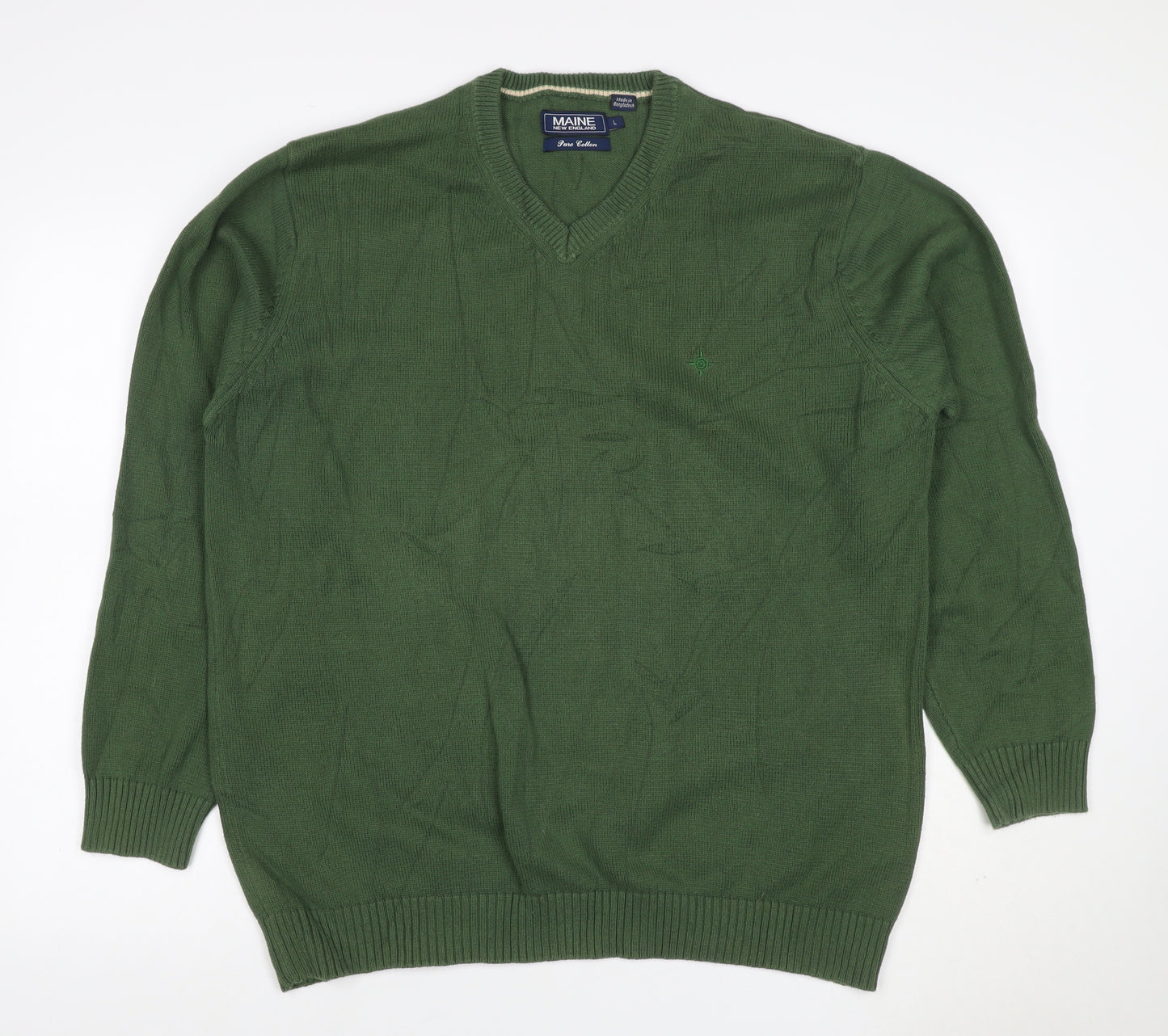 Maine New England Men's Green L V-Neck Pure Cotton Pullover Jumper