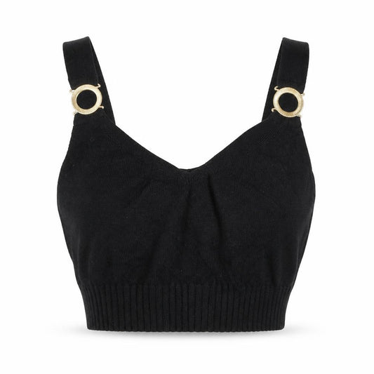 River Island Women Black UK 12 Cropped Knit Tank Top Gold Ring Straps
