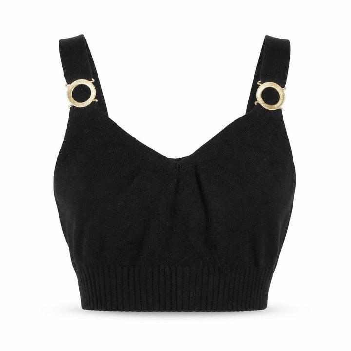 Front view of River Island Women Black UK 12 Cropped Knit Tank Top Gold Ring Straps