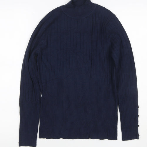 M&S Collection Women’s Navy UK 12 Ribbed Roll Neck Button Sleeve Jumper