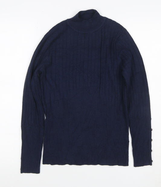 M&S Collection Women’s Navy UK 12 Ribbed Roll Neck Button Sleeve Jumper