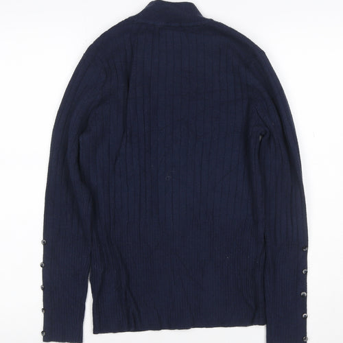 M&S Collection Women’s Navy UK 12 Ribbed Roll Neck Button Sleeve Jumper