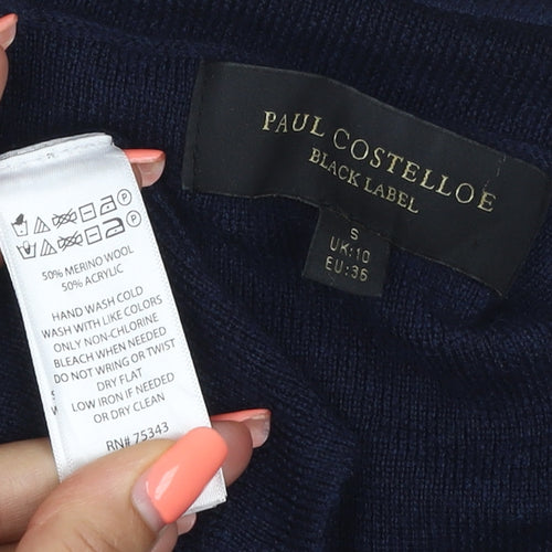 Paul Costelloe Women Blue UK 10 V-Neck Merino Wool Blend Jumper