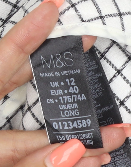 Marks & Spencer Women White Check Trousers UK 12 Long Stretch Waist