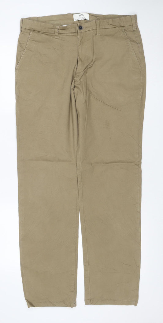 M&S Men’s Beige Chino Trousers 34/33 Regular Fit Stretch Cotton