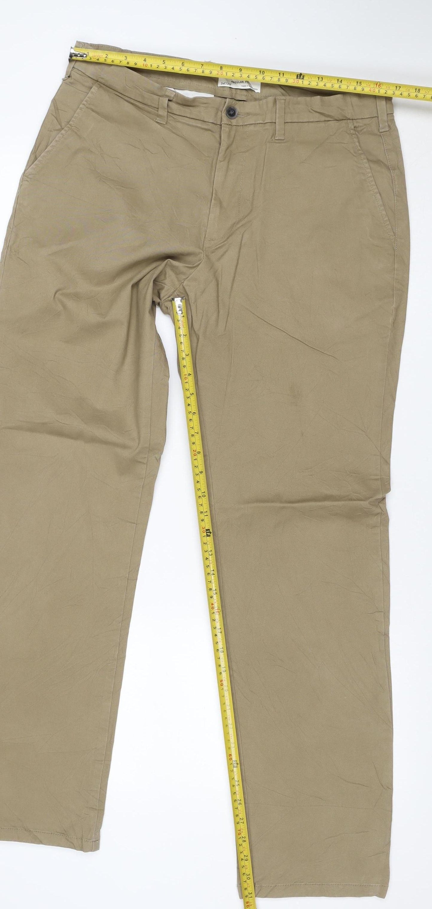 M&S Men’s Beige Chino Trousers 34/33 Regular Fit Stretch Cotton