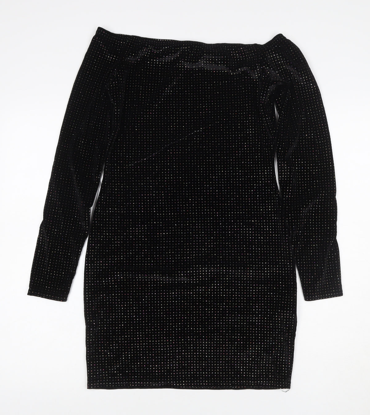 Quiz Women’s Black Glitter Velour Off Shoulder Bodycon Dress UK 12
