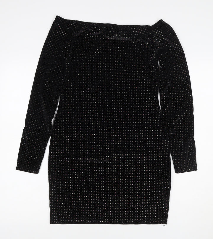 Quiz Women’s Black Glitter Velour Off Shoulder Bodycon Dress UK 12