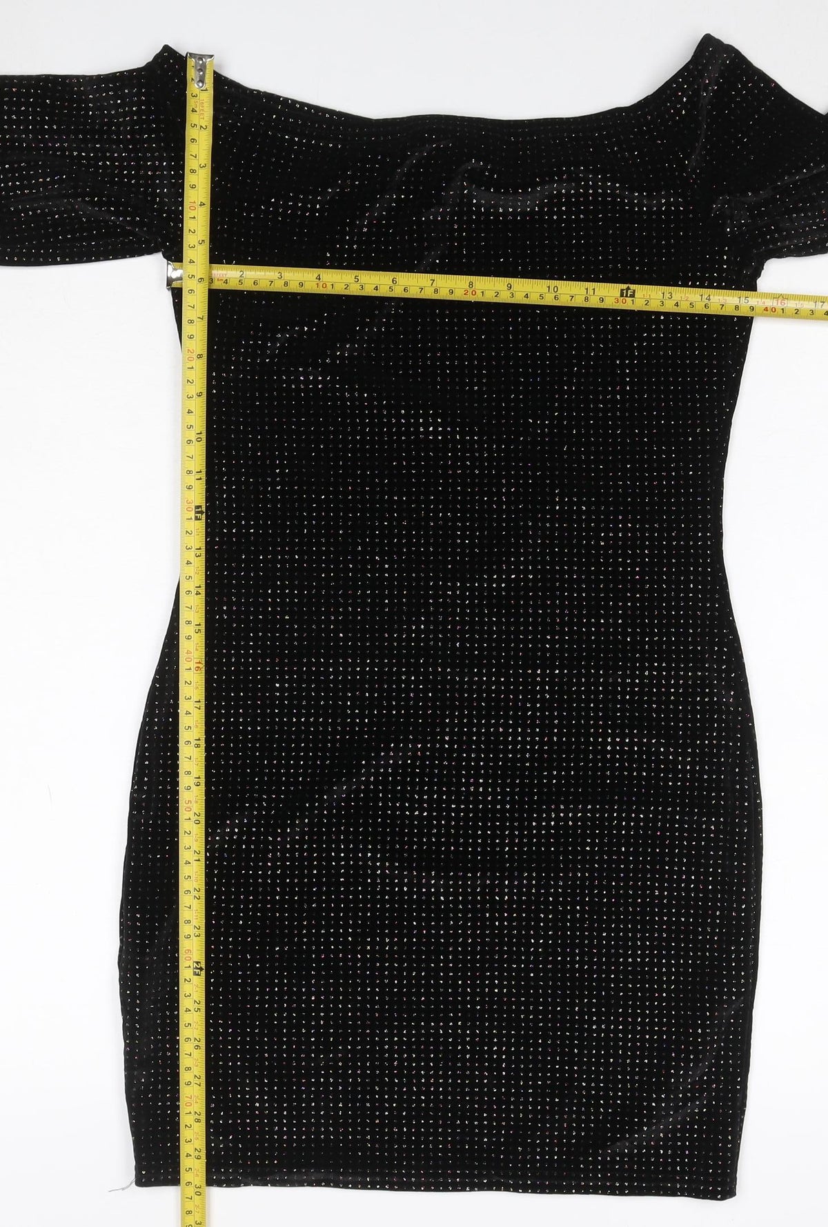 Quiz Women’s Black Glitter Velour Off Shoulder Bodycon Dress UK 12