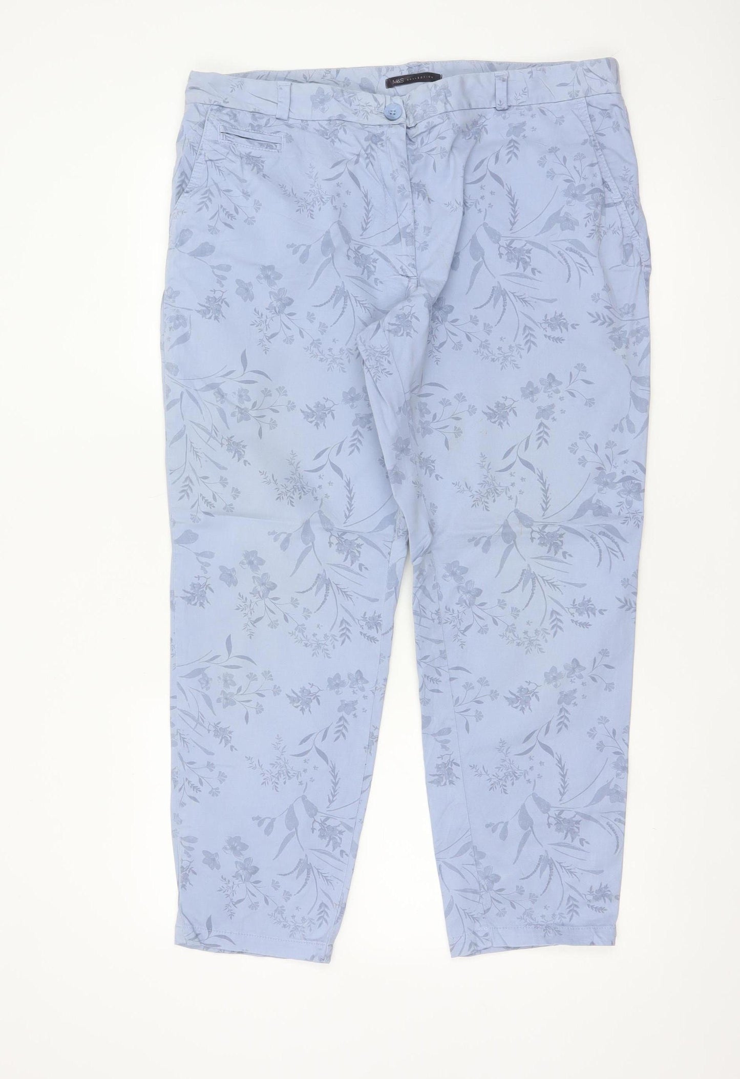 M&S Women Blue Floral Slim Tapered Chino Trousers UK 16 Short