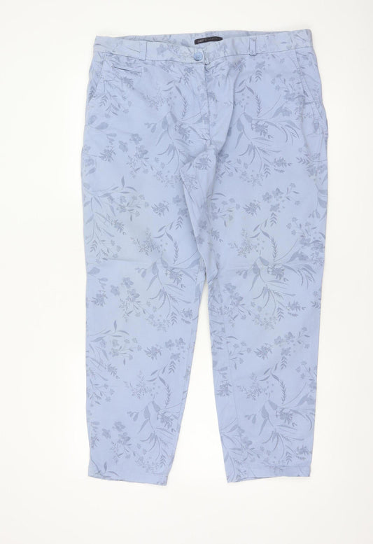 M&S Women Blue Floral Slim Tapered Chino Trousers UK 16 Short
