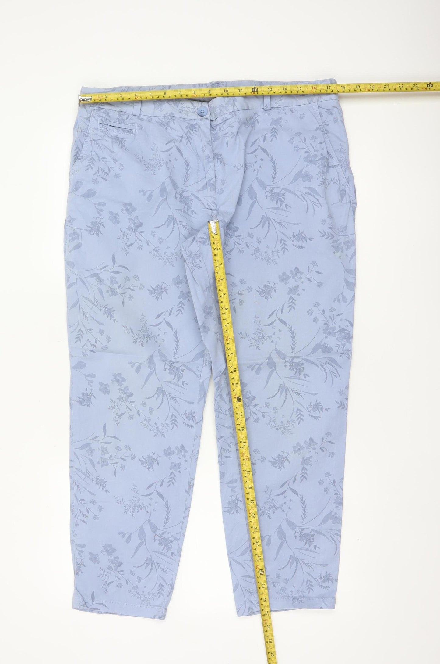 M&S Women Blue Floral Slim Tapered Chino Trousers UK 16 Short