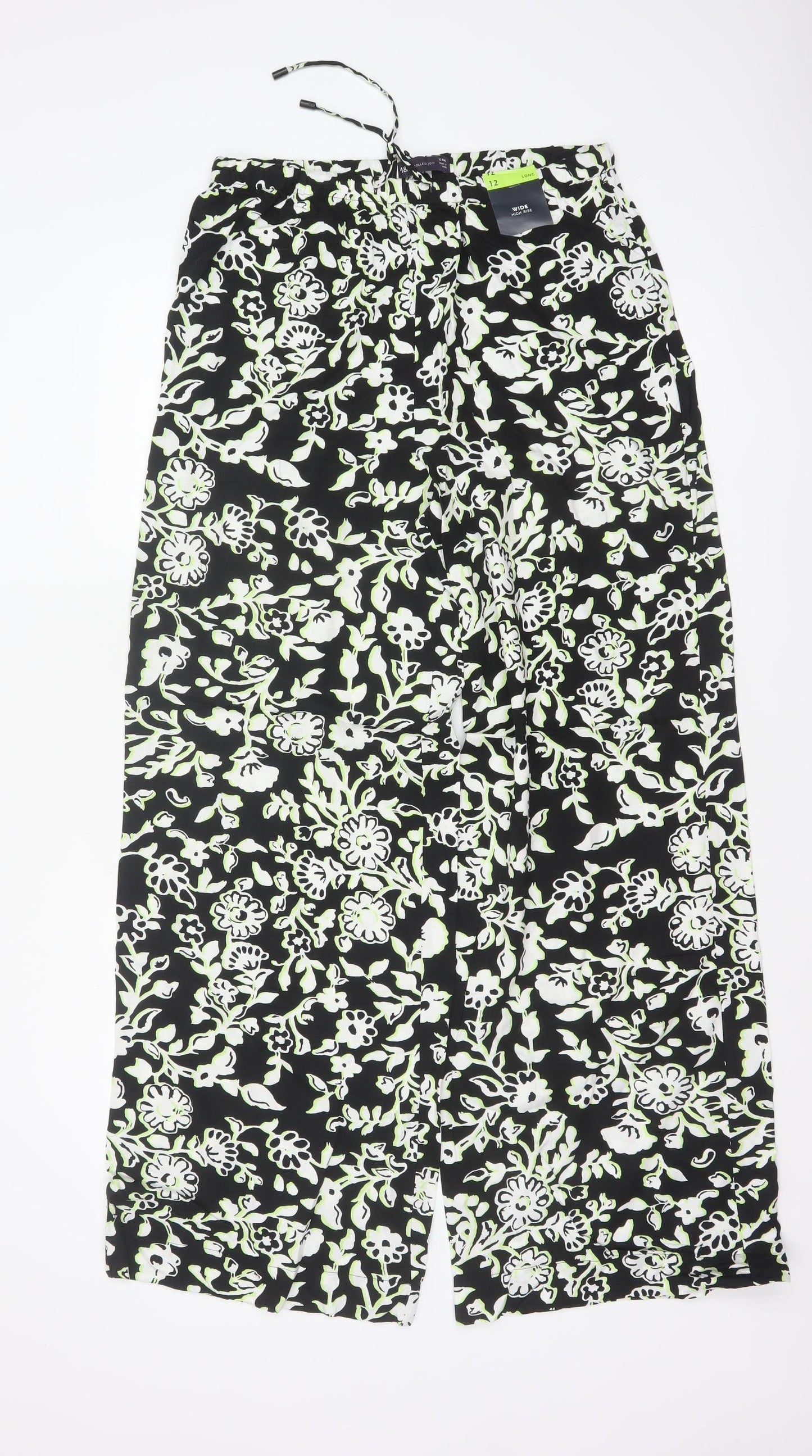 Marks and Spencer Women Black Floral Wide Leg Trousers UK 12 Long