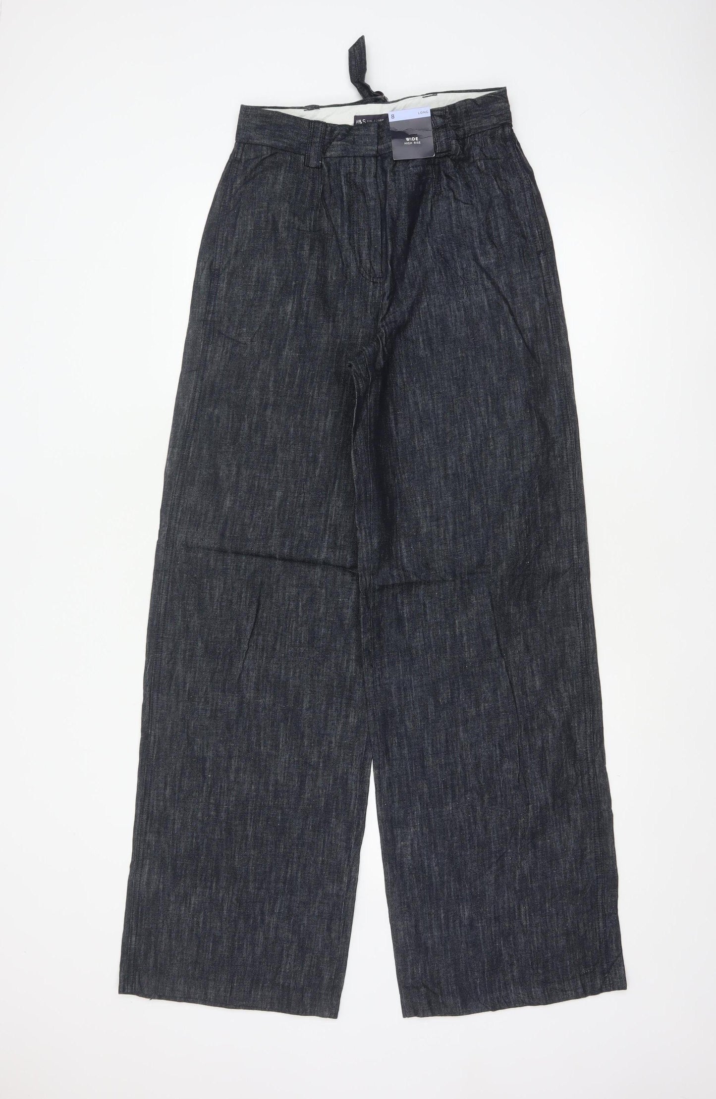 Marks & Spencer Women's Blue Size 8 Long Wide Leg Linen Trousers