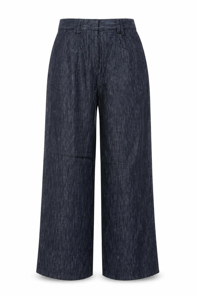 Front view of Marks & Spencer Women's Blue, size 8, Long Wide Leg Linen Trousers
