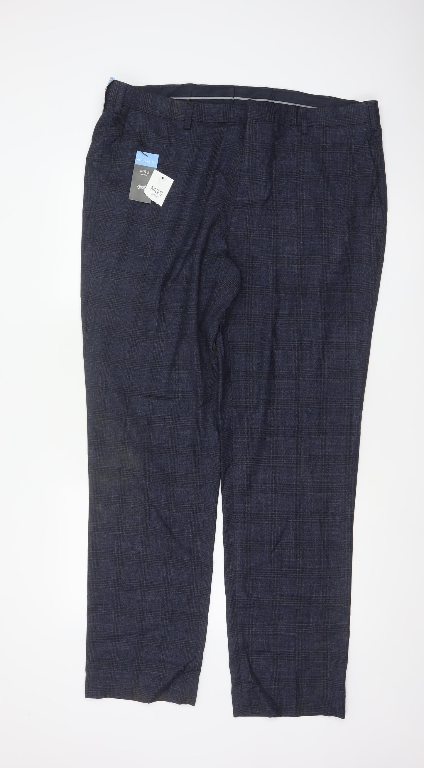 Marks and Spencer Men’s Blue Check Regular Fit Dress Trousers 40 33