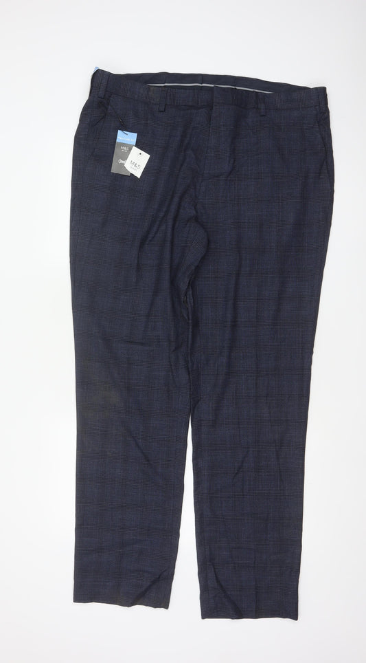Marks and Spencer Men’s Blue Check Regular Fit Dress Trousers 40 33