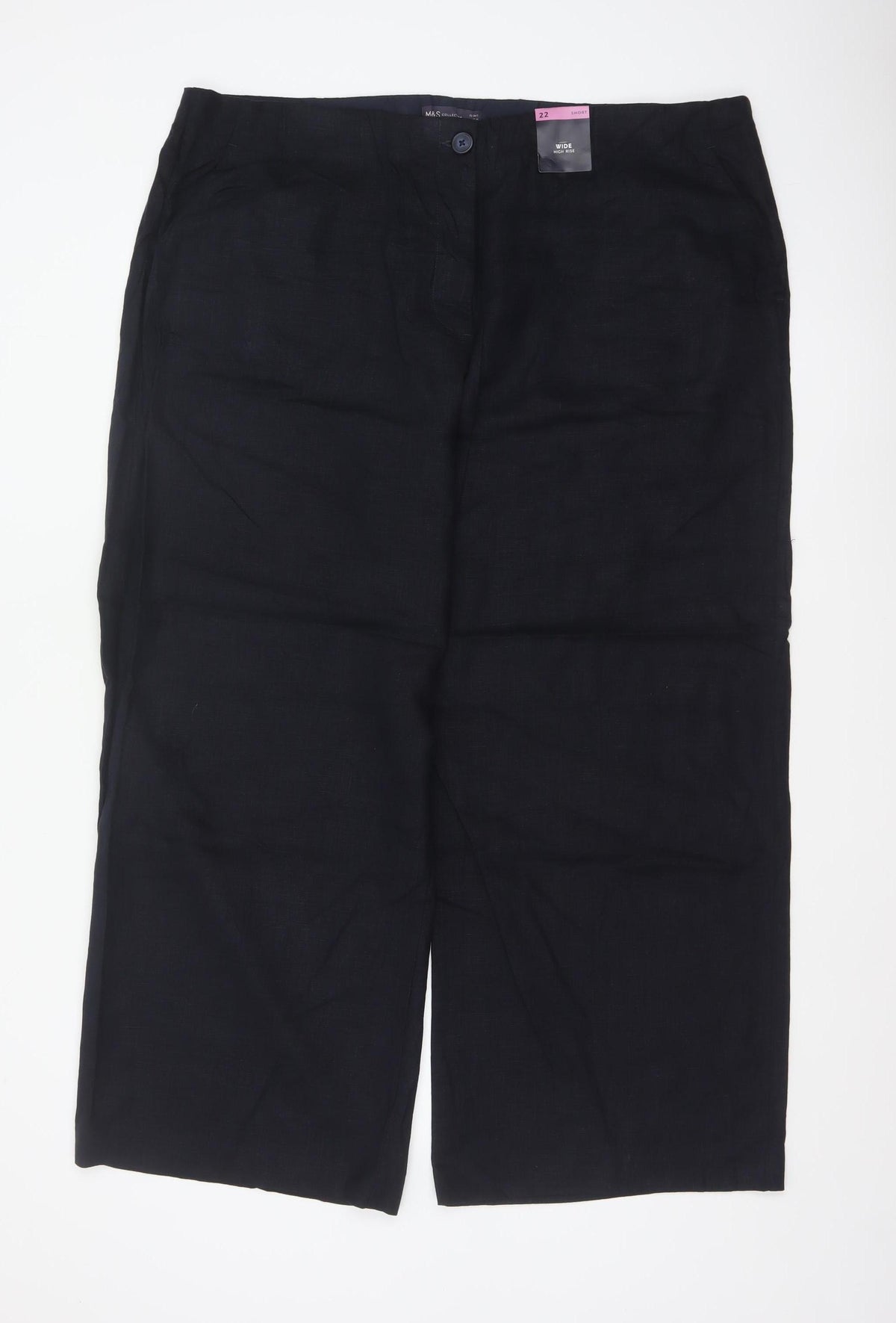 Marks and Spencer Women Black UK 22 Short High Rise Wide Leg Linen Trousers