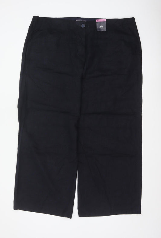 Marks and Spencer Women Black UK 22 Short High Rise Wide Leg Linen Trousers