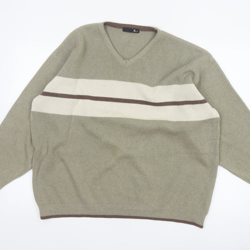 BHS Men’s Beige L V-Neck Striped Cotton Blend Knit Pullover Jumper
