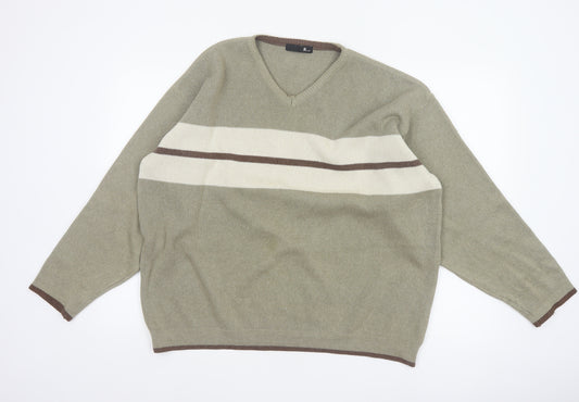 BHS Men’s Beige L V-Neck Striped Cotton Blend Knit Pullover Jumper